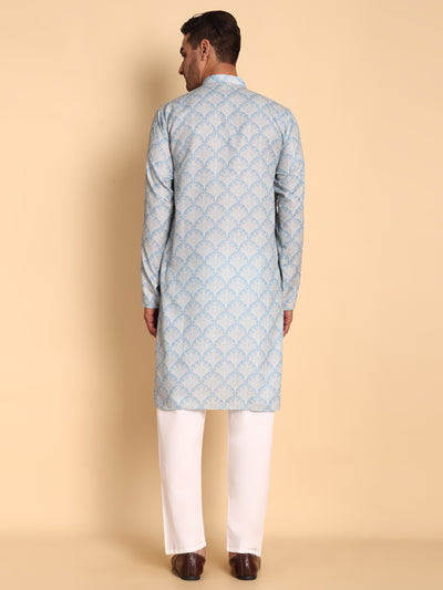 Traditional Blue Palmette Printed Men's Cotton Kurta