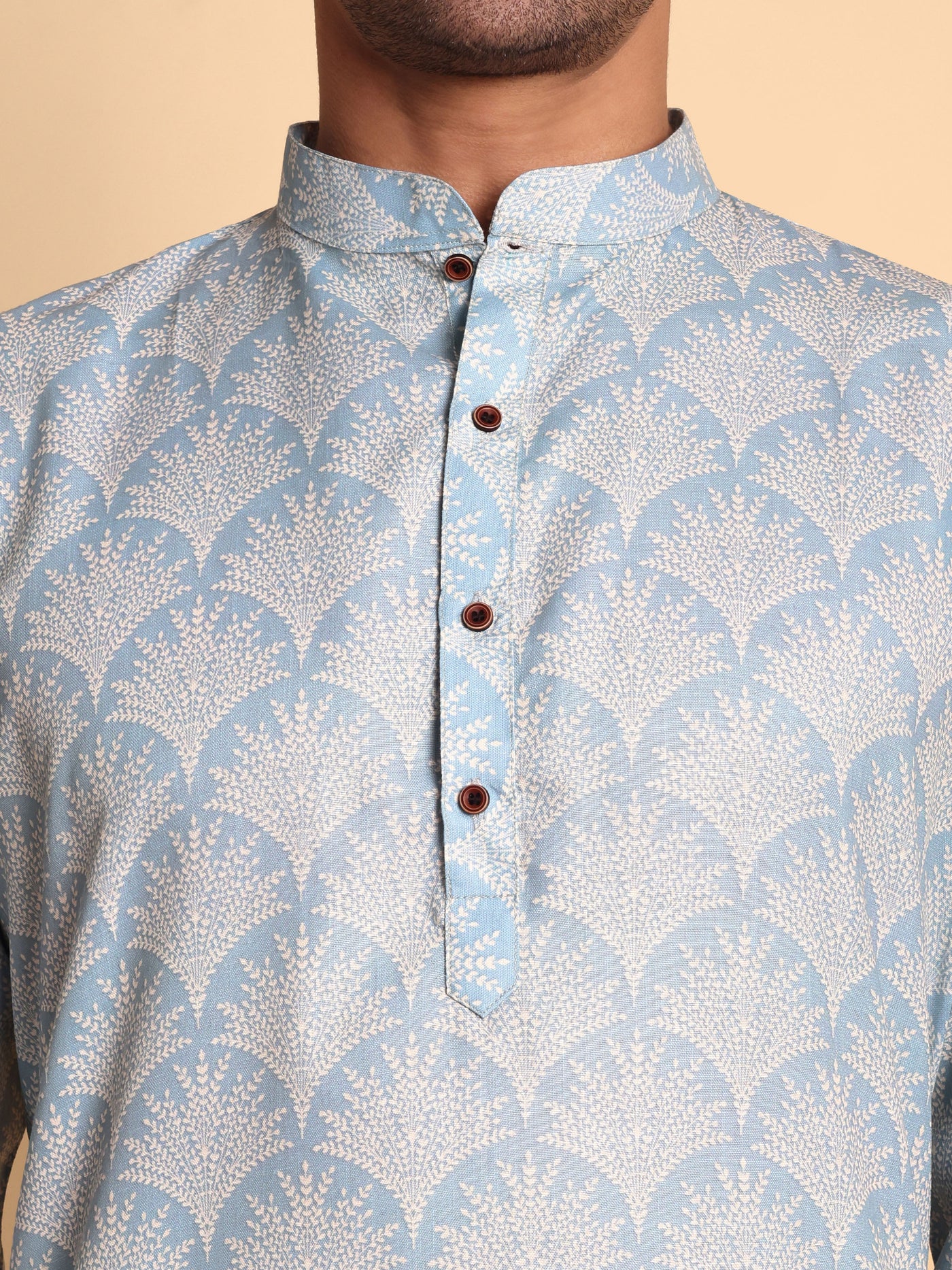 Traditional Blue Palmette Printed Men's Cotton Kurta