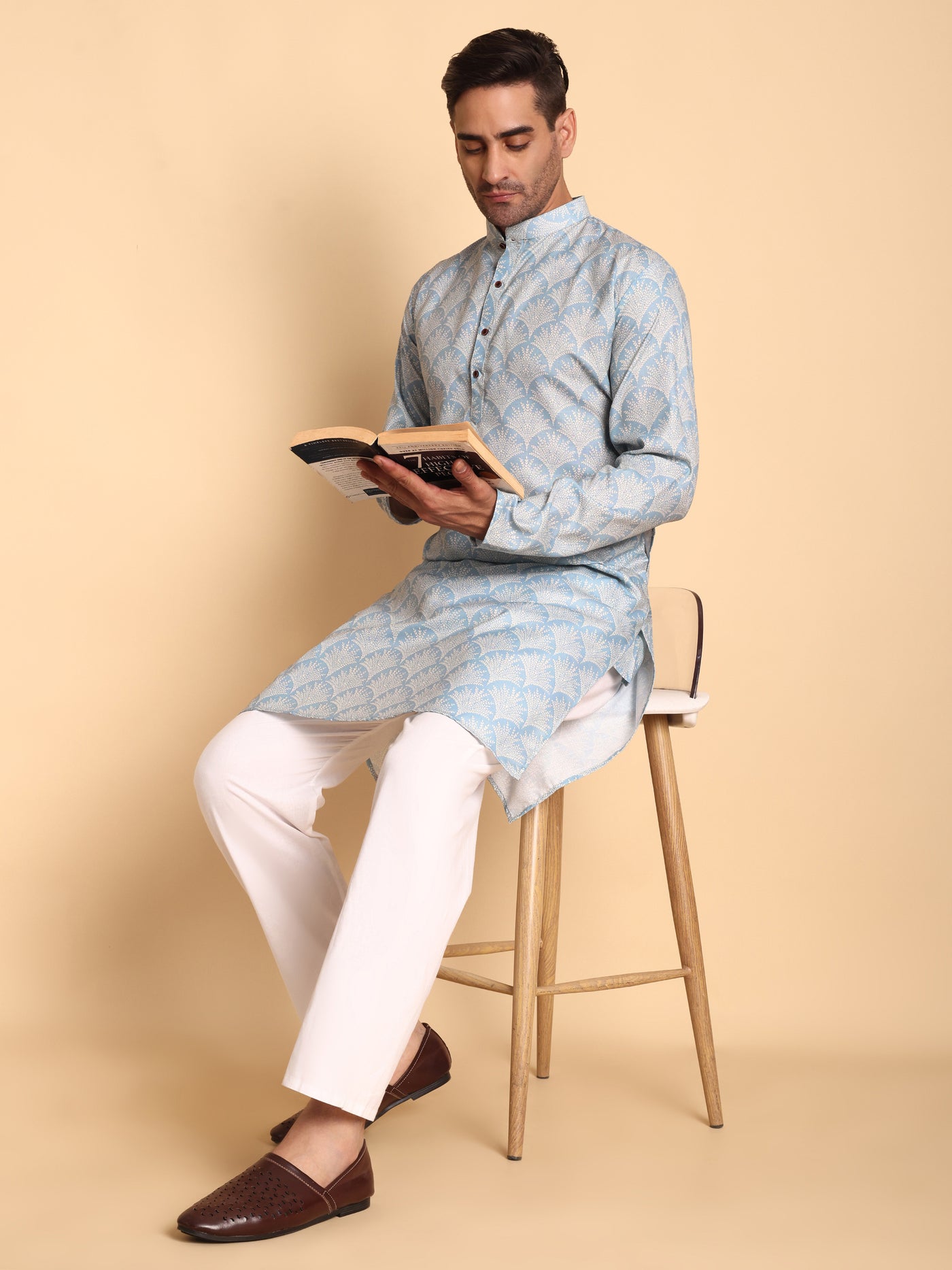 Traditional Blue Palmette Printed Men's Cotton Kurta