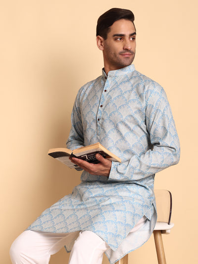 Traditional Blue Palmette Printed Men's Cotton Kurta