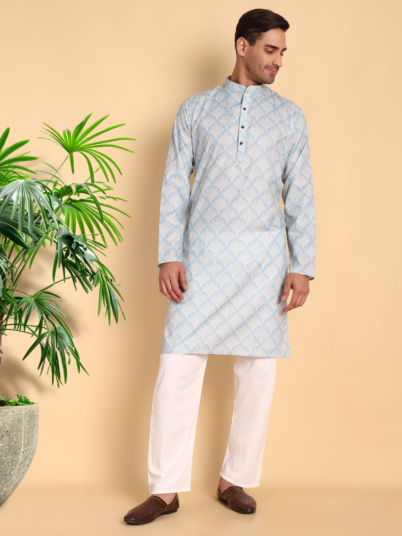 Traditional Blue Palmette Printed Men's Cotton Kurta