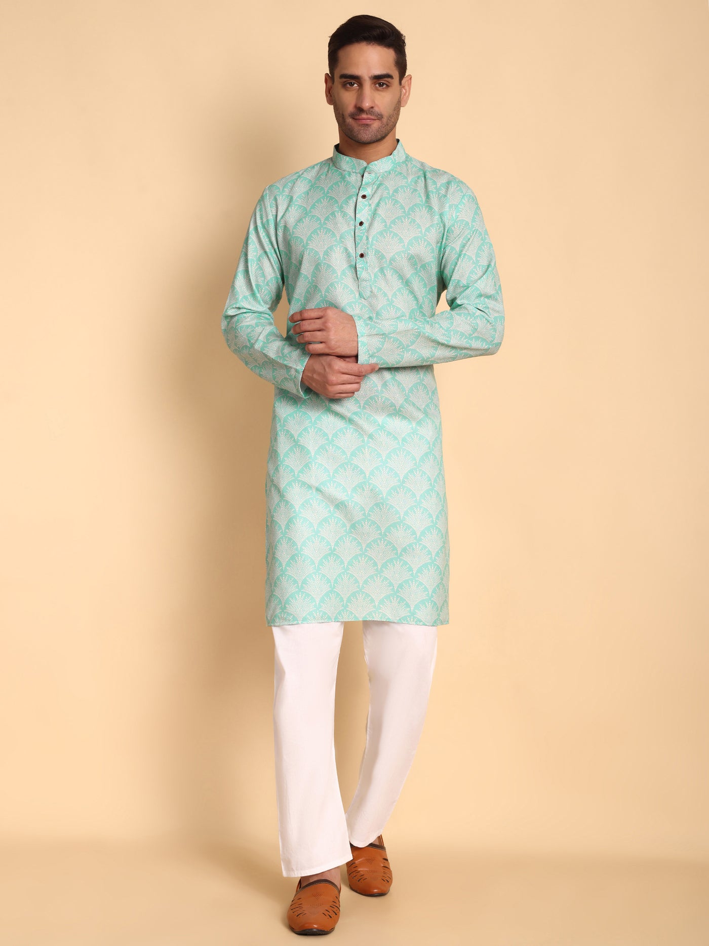 Traditional Green Palmette Printed Men's Cotton Kurta