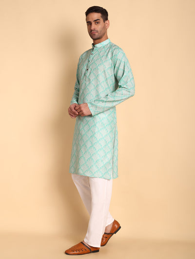 Traditional Green Palmette Printed Men's Cotton Kurta