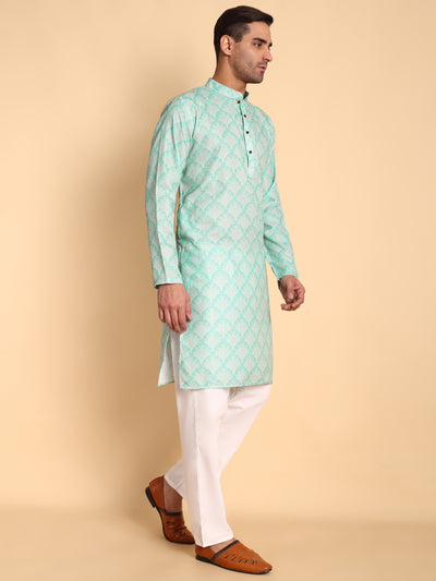 Traditional Green Palmette Printed Men's Cotton Kurta