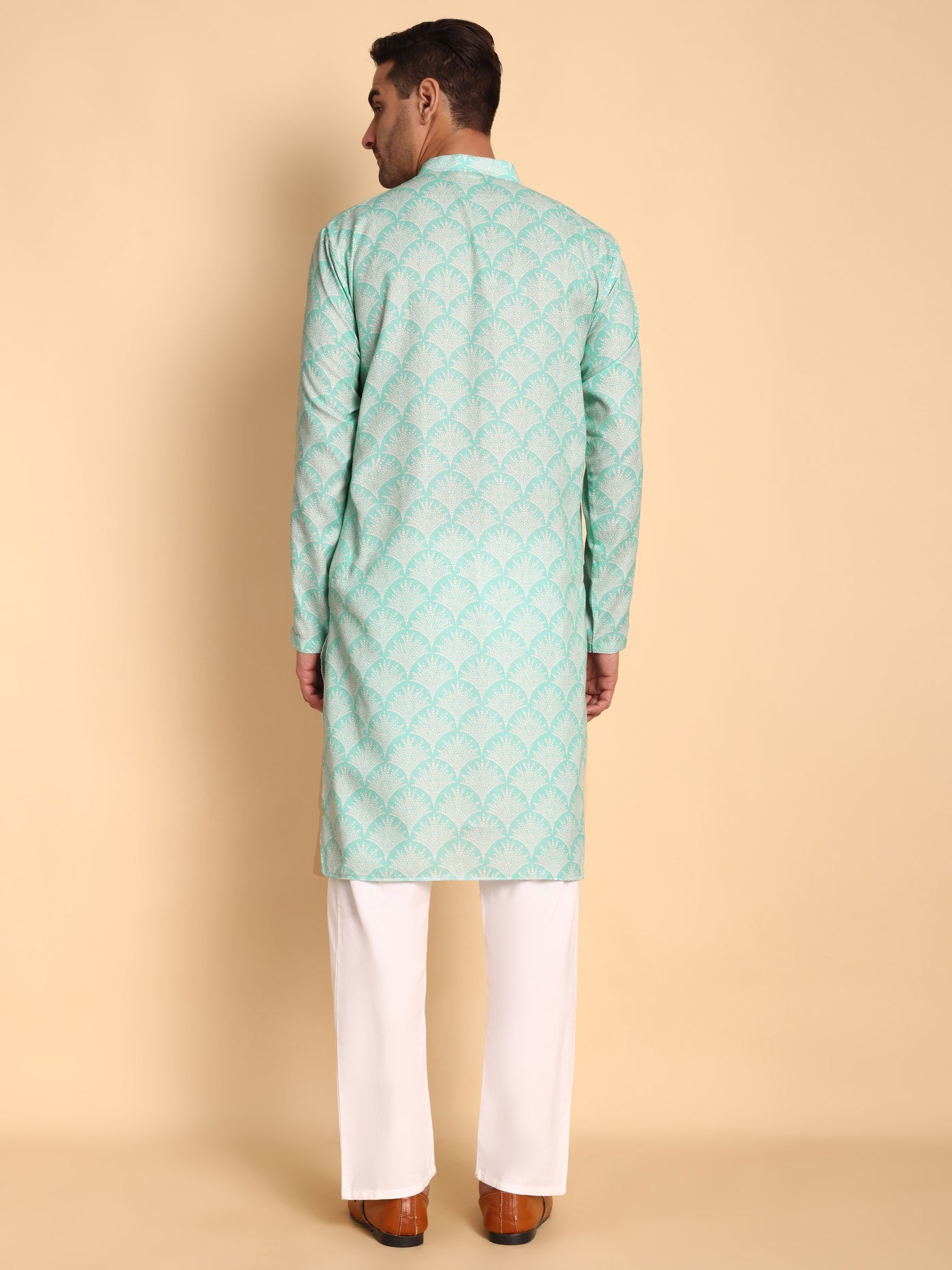 Traditional Green Palmette Printed Men's Cotton Kurta