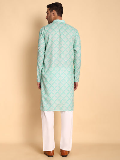 Traditional Green Palmette Printed Men's Cotton Kurta