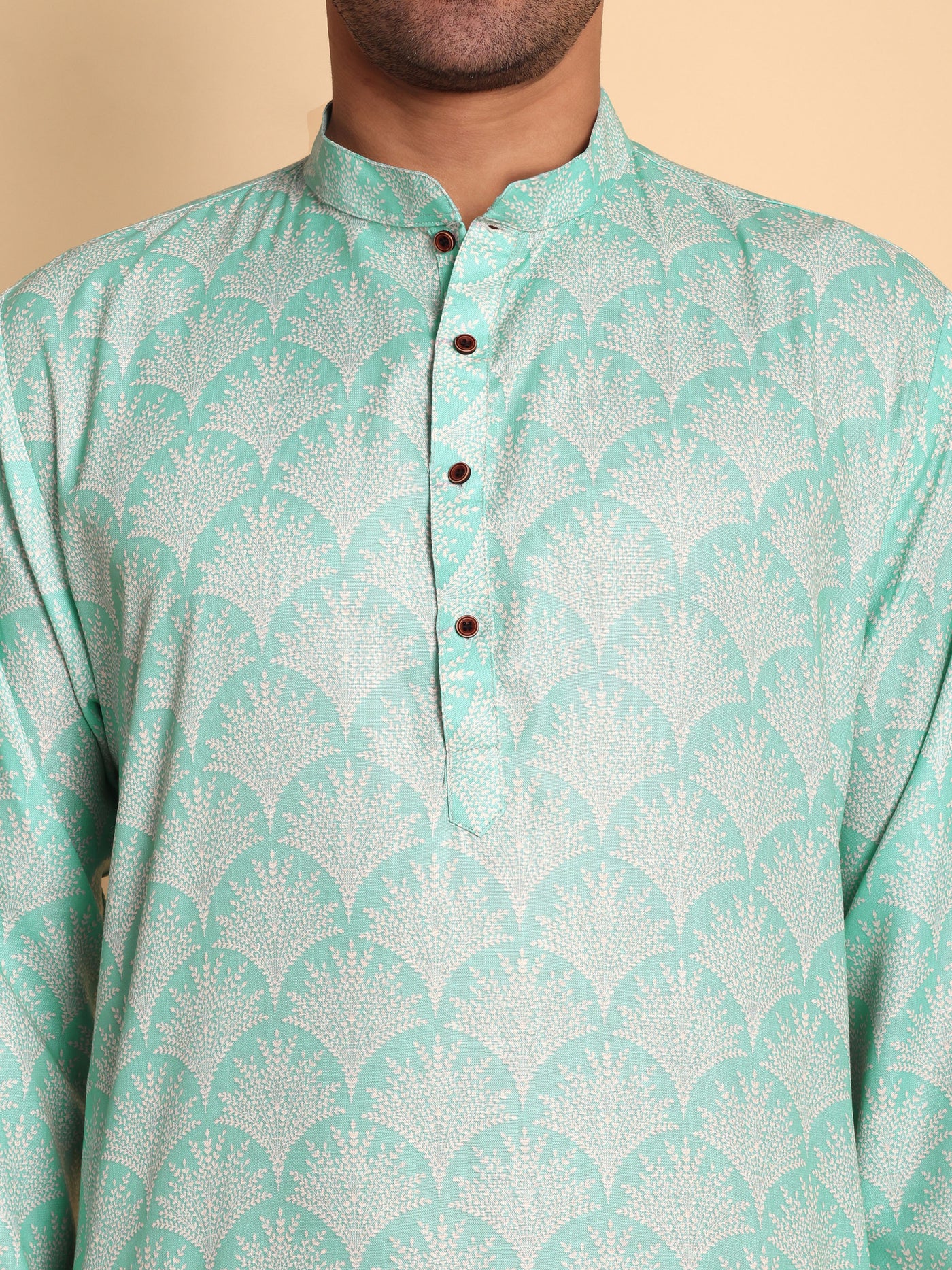 Traditional Green Palmette Printed Men's Cotton Kurta