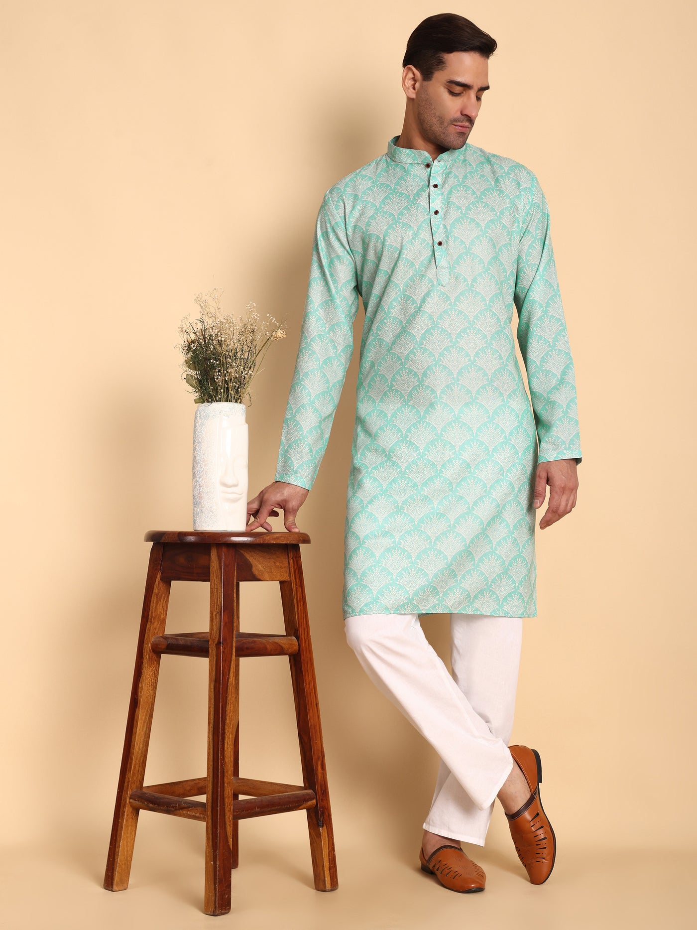 Traditional Green Palmette Printed Men's Cotton Kurta