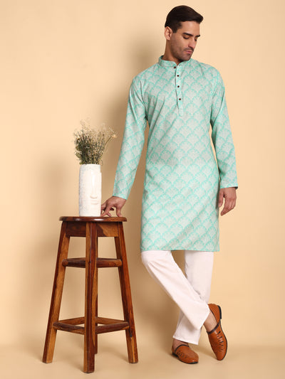 Traditional Green Palmette Printed Men's Cotton Kurta