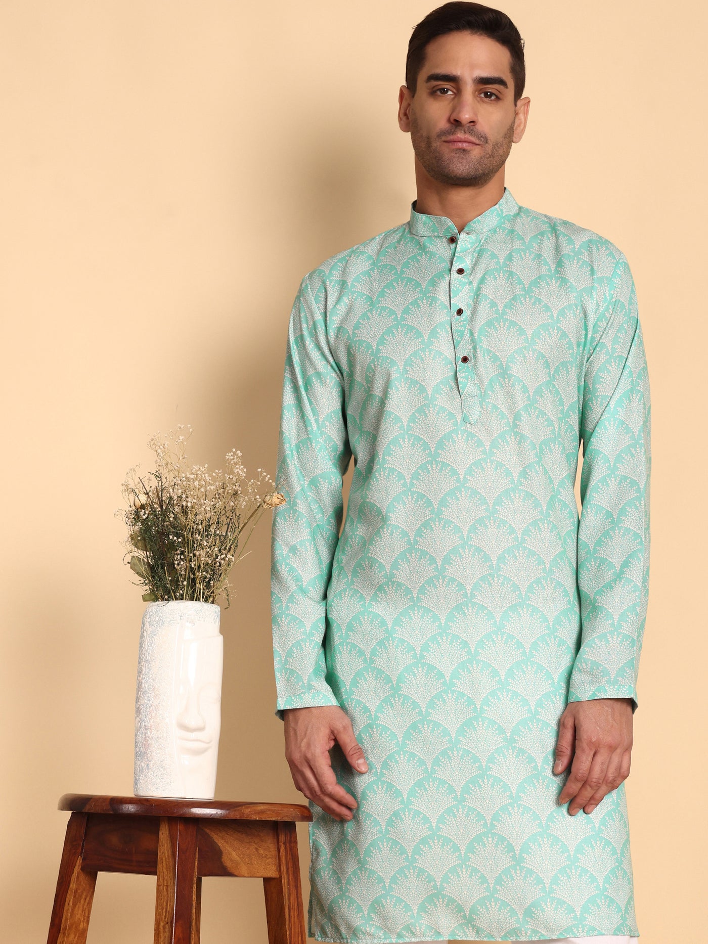 Traditional Green Palmette Printed Men's Cotton Kurta