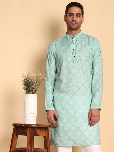 Traditional Green Palmette Printed Men's Cotton Kurta