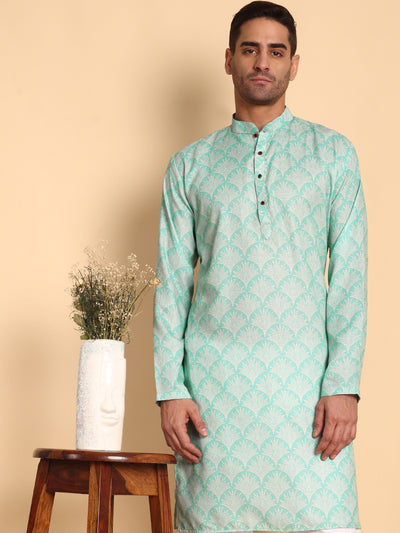 Traditional Green Palmette Printed Men's Cotton Kurta