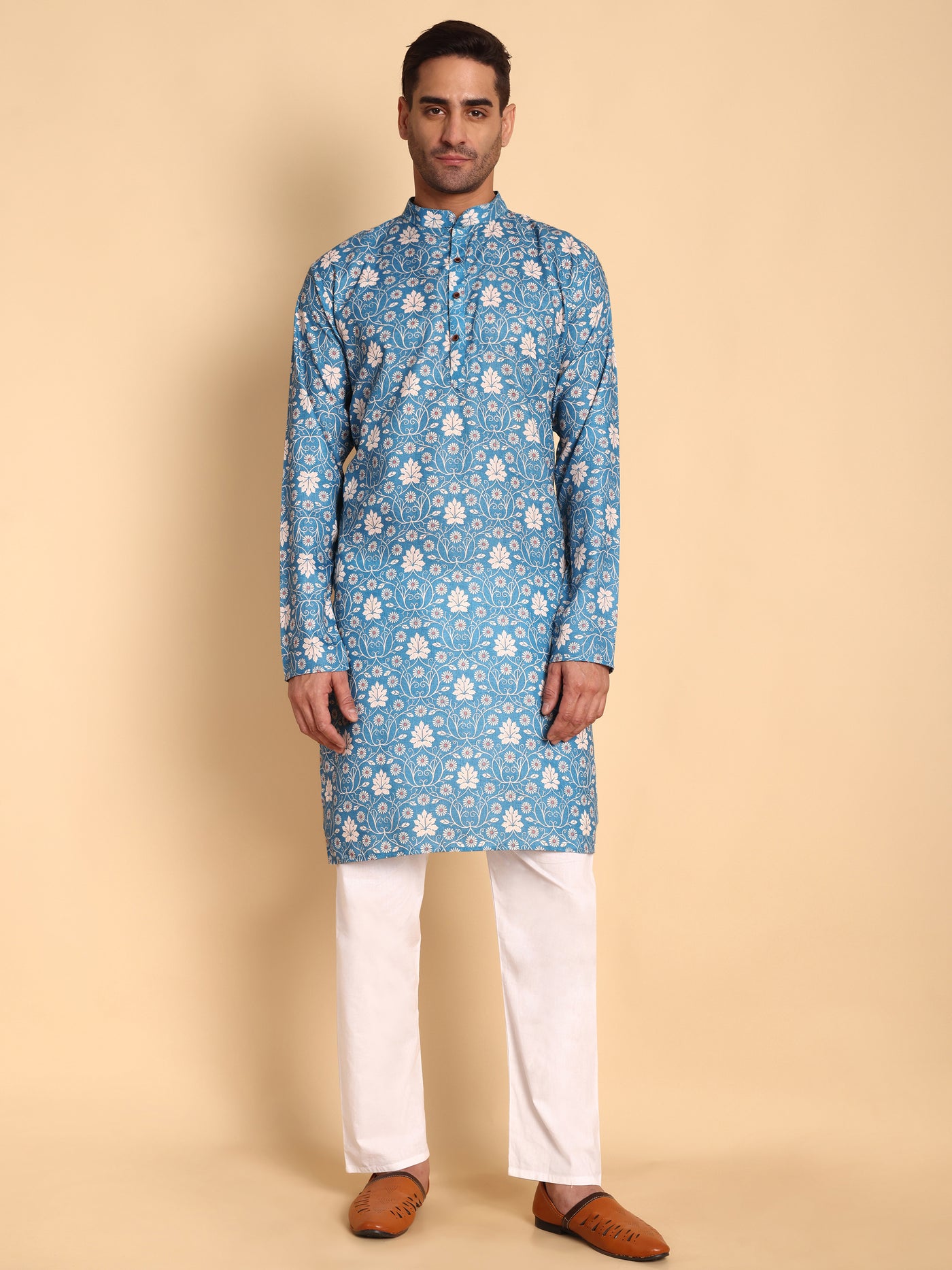 Traditional Blue VineHeart Printed Men's Cotton Kurta