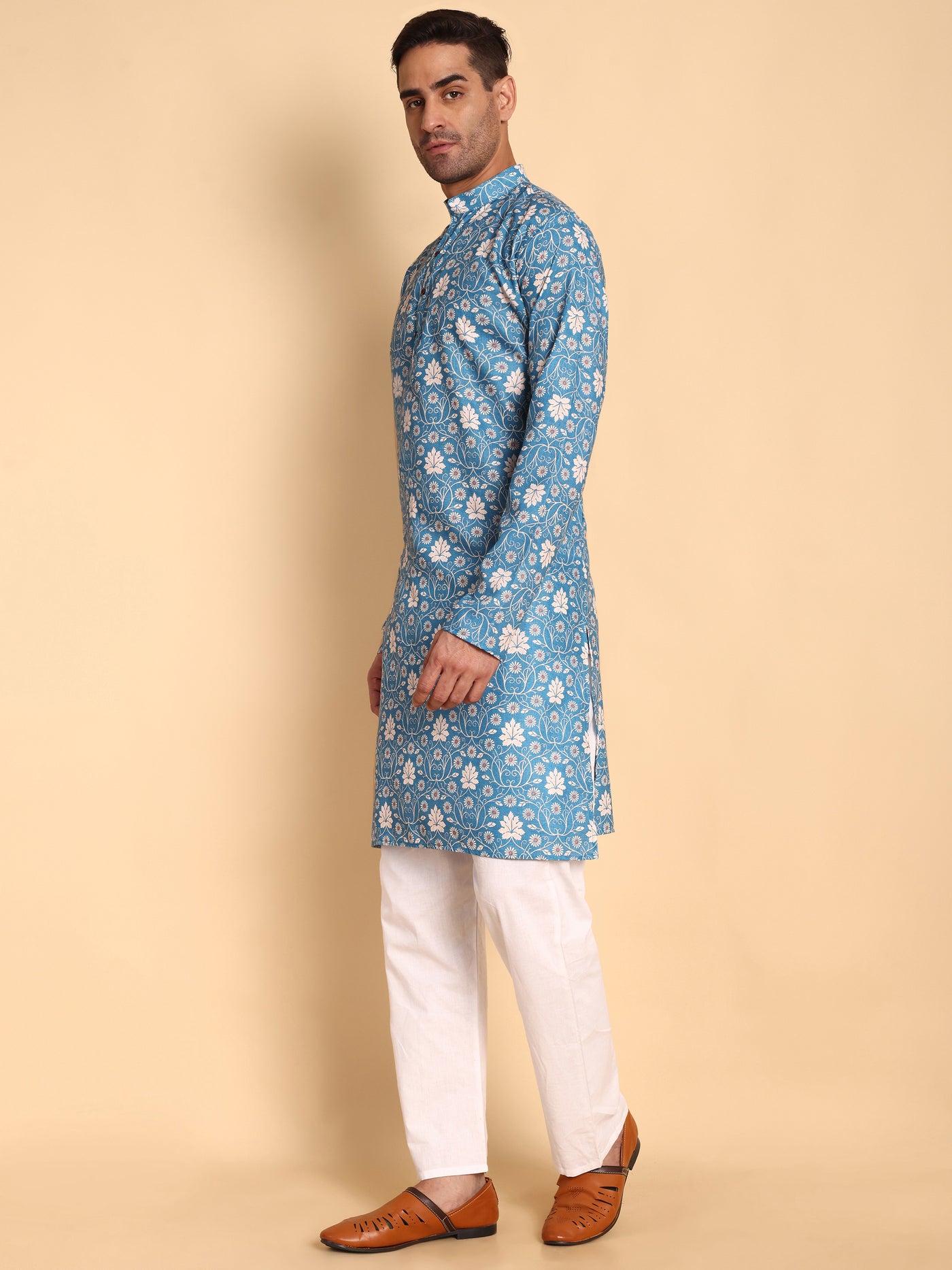 Traditional Blue VineHeart Printed Men's Cotton Kurta