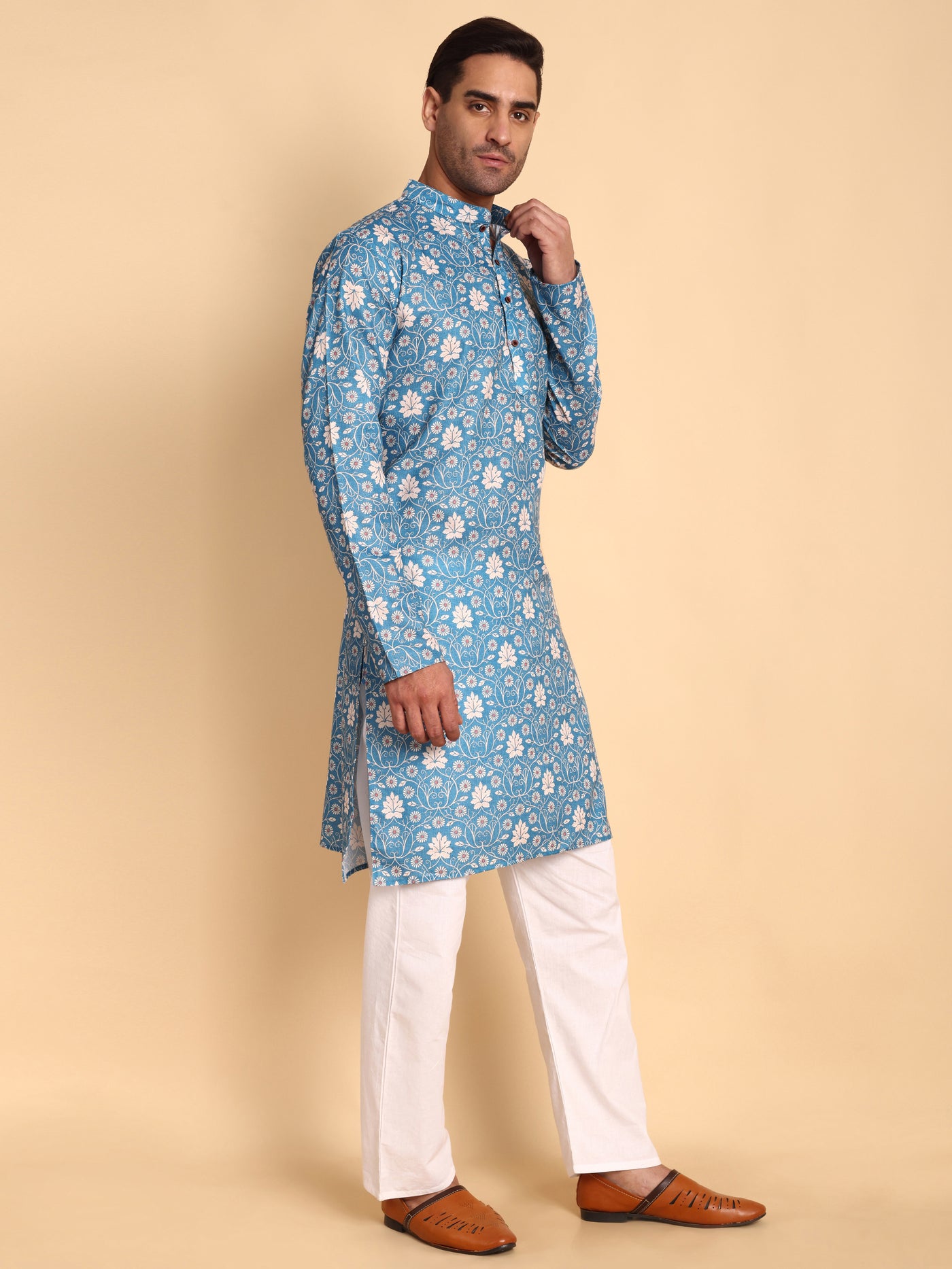 Traditional Blue VineHeart Printed Men's Cotton Kurta