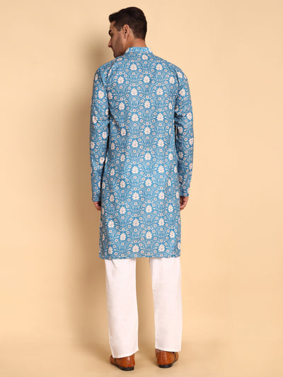 Traditional Blue VineHeart Printed Men's Cotton Kurta