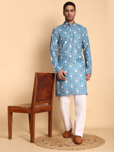 Traditional Blue VineHeart Printed Men's Cotton Kurta