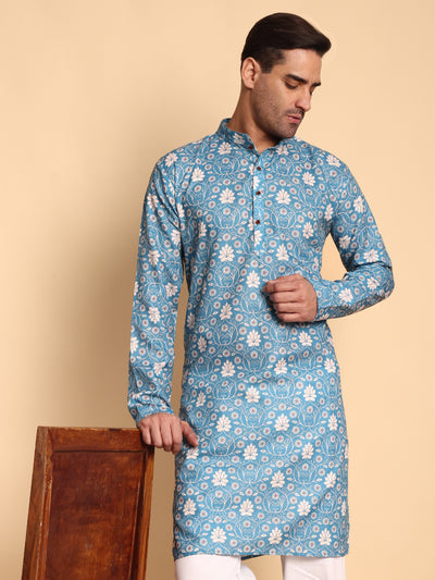 Traditional Blue VineHeart Printed Men's Cotton Kurta