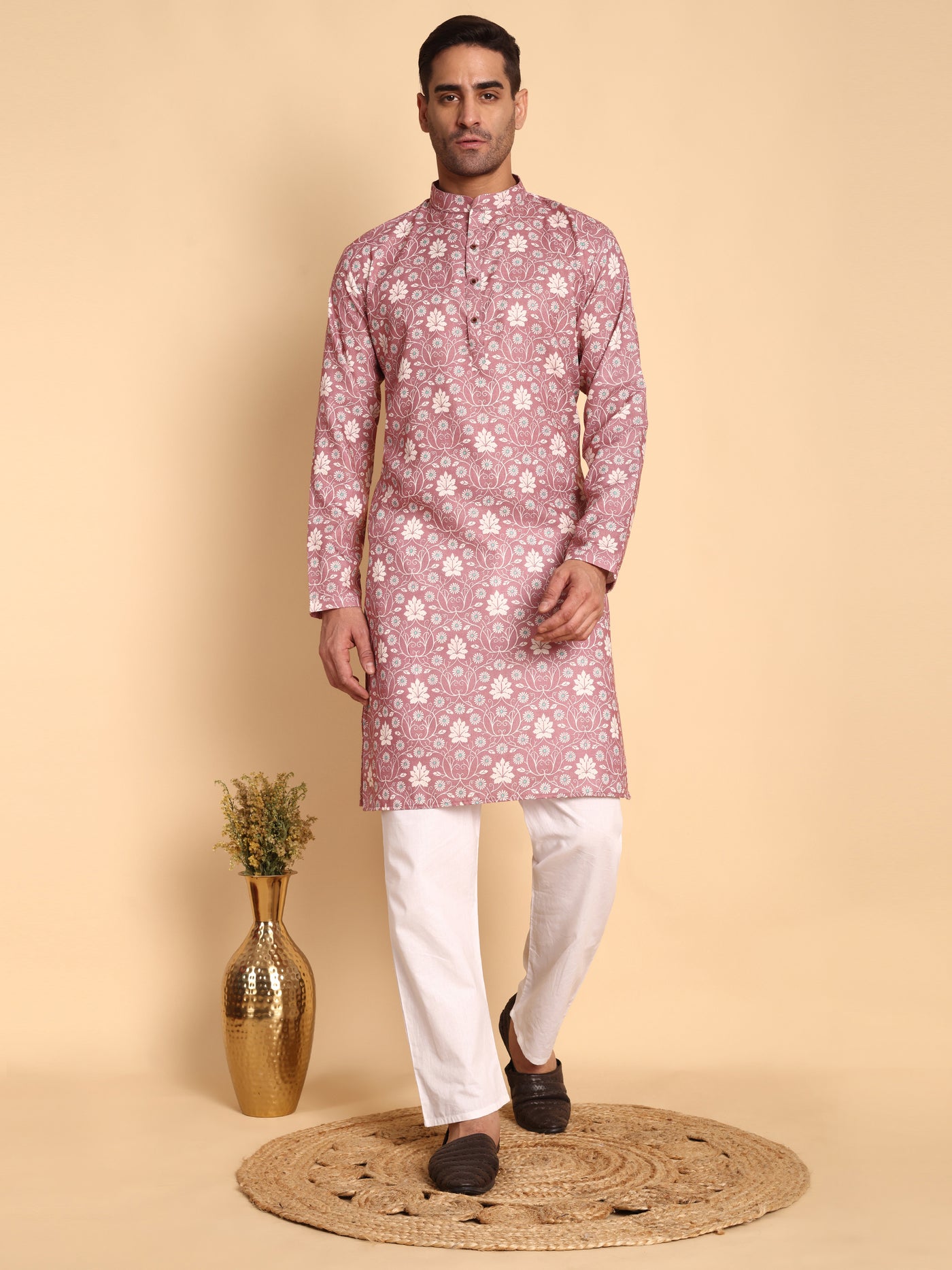 Traditional Onion VineHeart Printed Men's Cotton Kurta