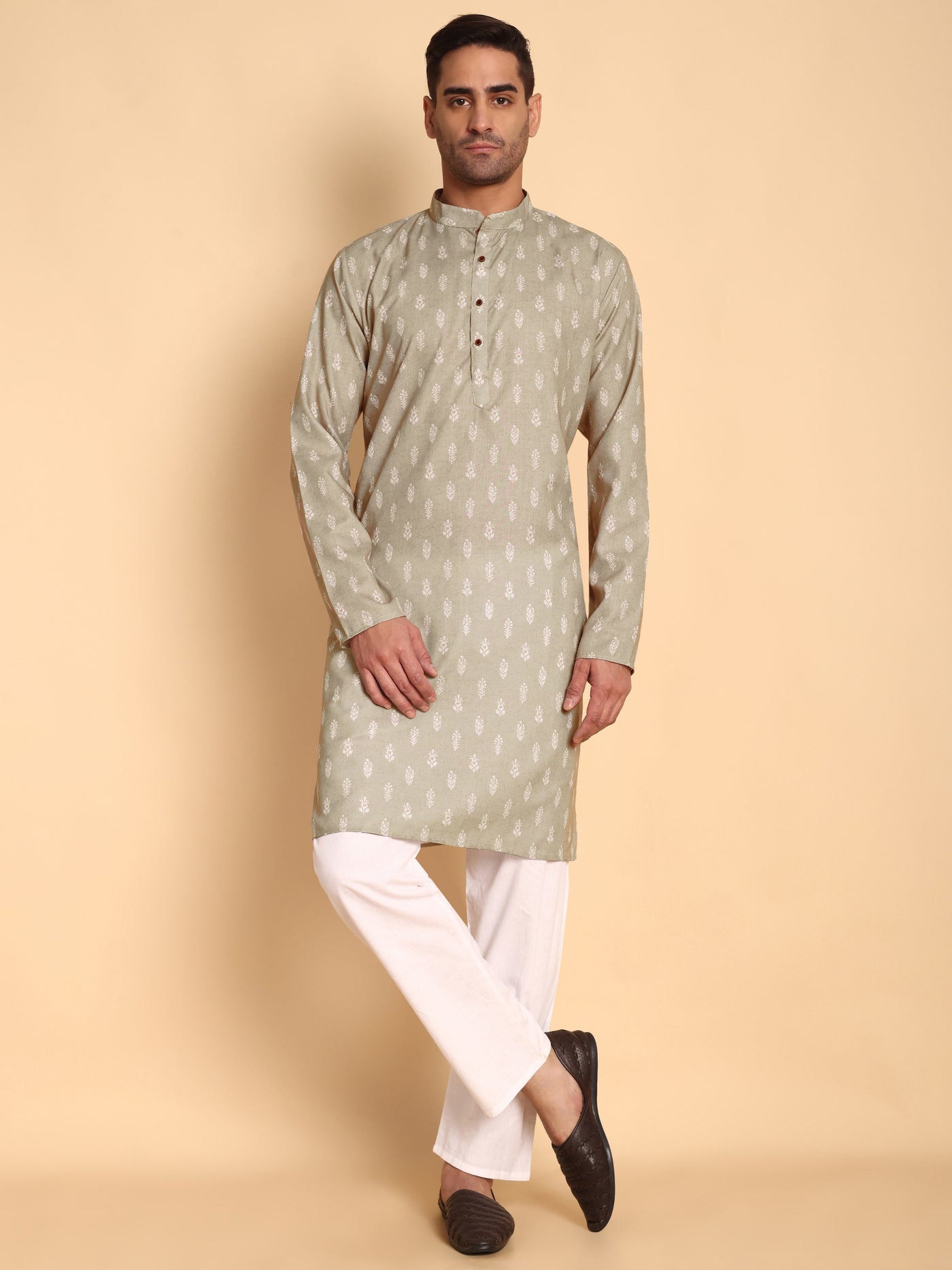 Traditional Beige Botalical Damask Printed Men's Cotton Kurta