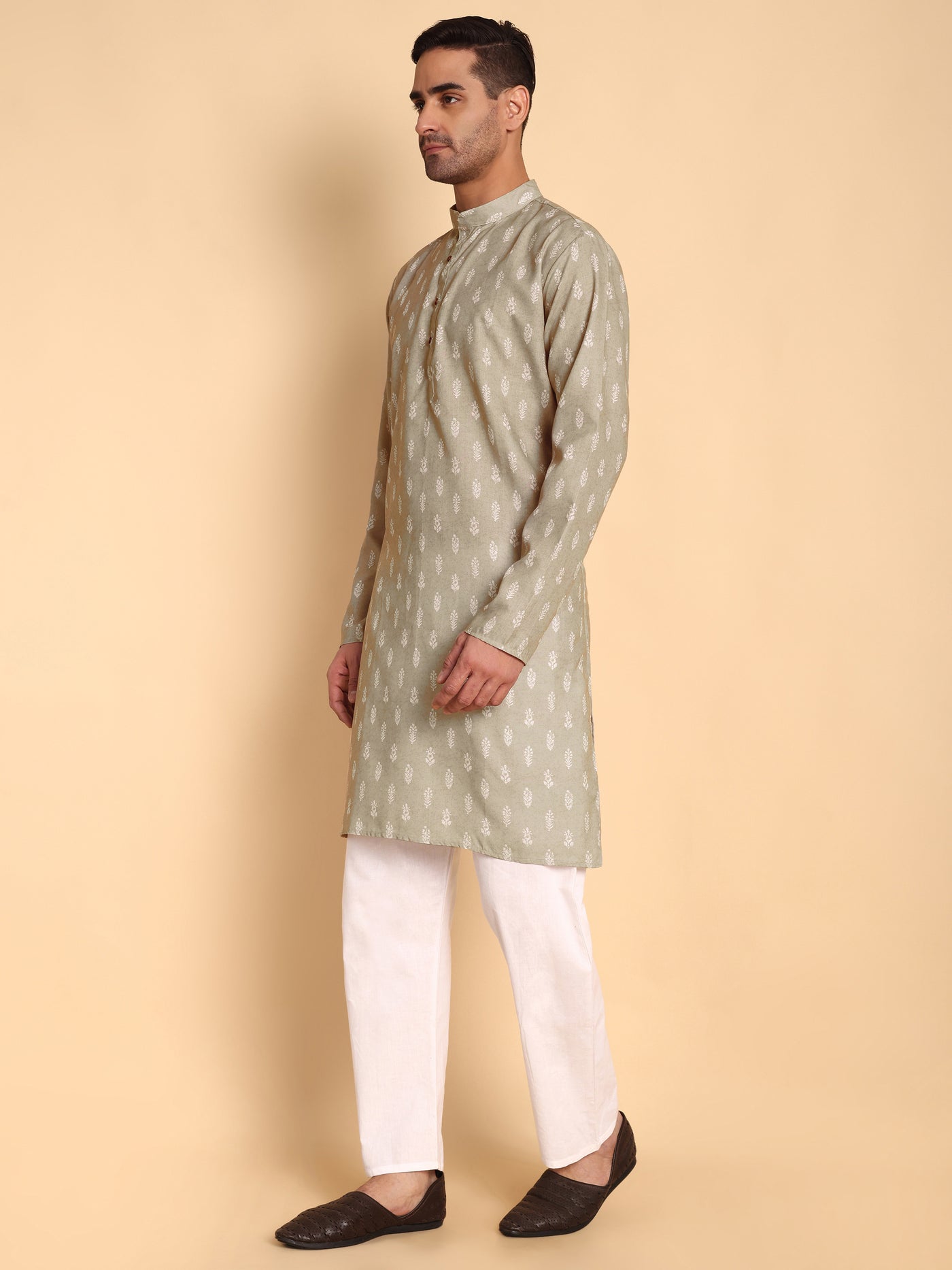 Traditional Beige Botalical Damask Printed Men's Cotton Kurta