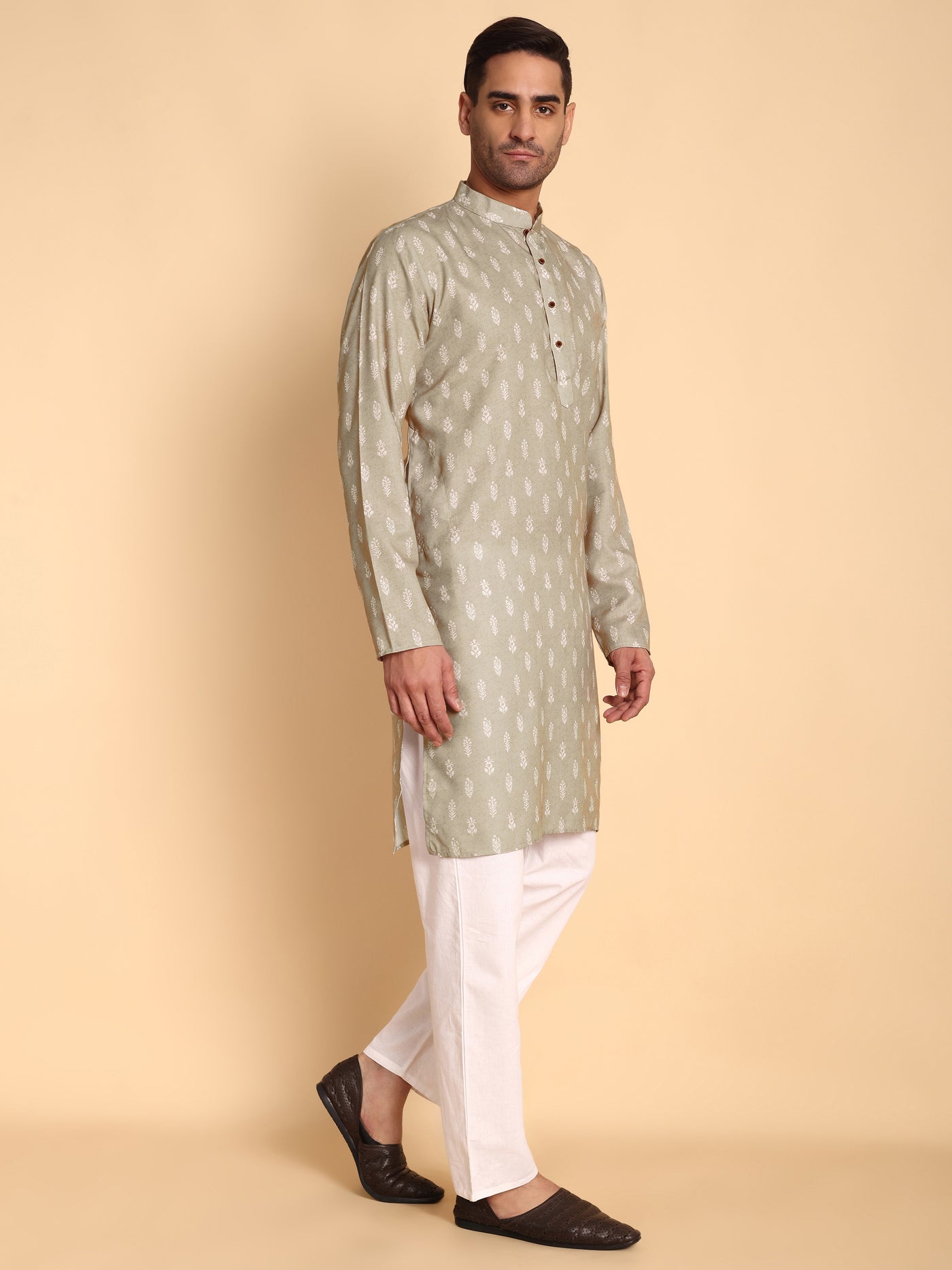 Traditional Beige Botalical Damask Printed Men's Cotton Kurta