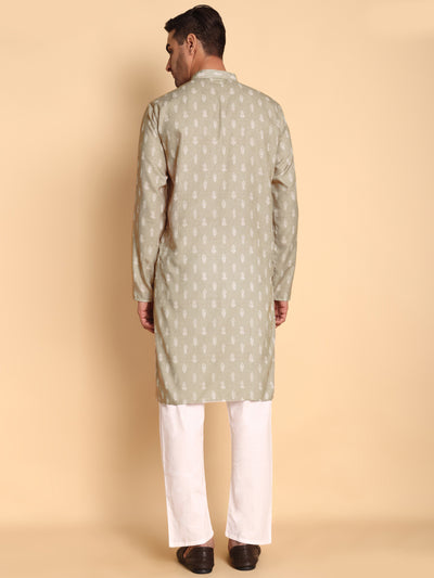 Traditional Beige Botalical Damask Printed Men's Cotton Kurta