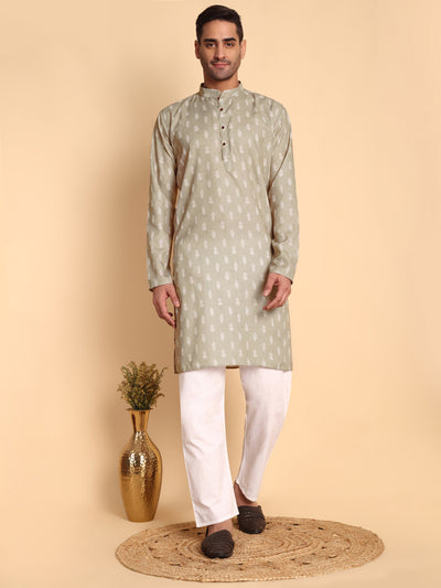 Traditional Beige Botalical Damask Printed Men's Cotton Kurta