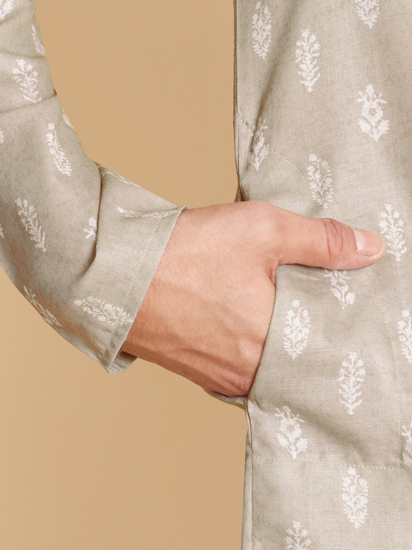 Traditional Beige Botalical Damask Printed Men's Cotton Kurta