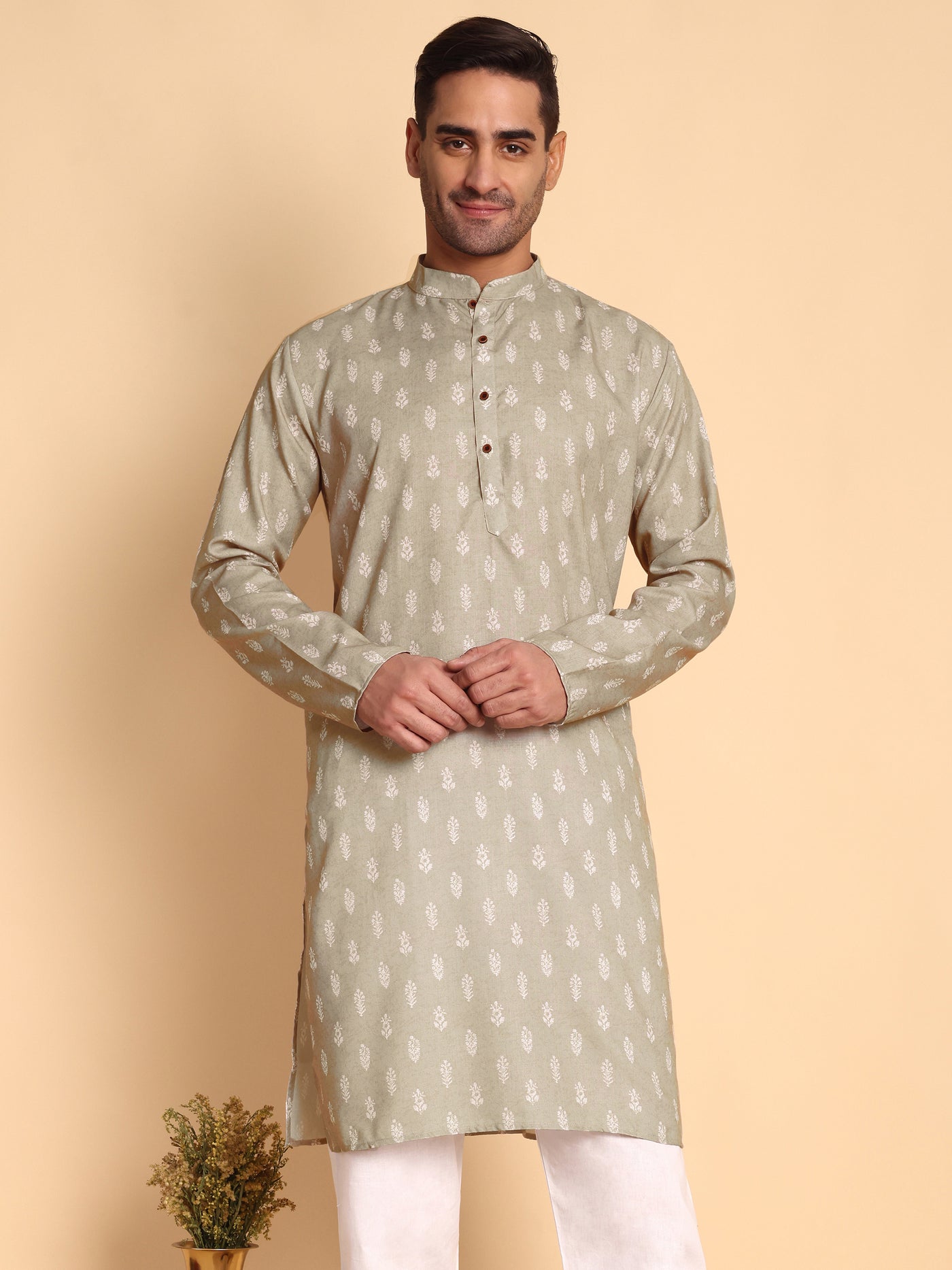 Traditional Beige Botalical Damask Printed Men's Cotton Kurta