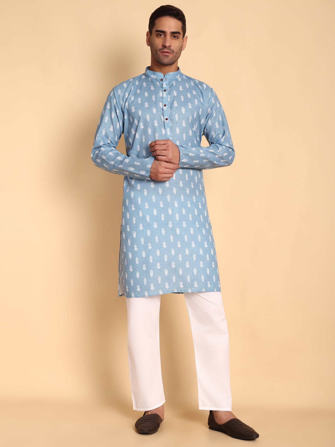 Traditional Blue Botalical Damask Printed Men's Cotton Kurta