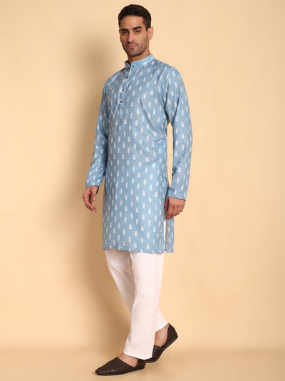 Traditional Blue Botalical Damask Printed Men's Cotton Kurta