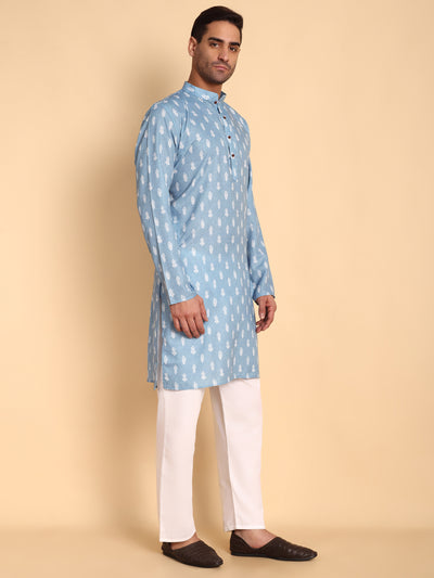 Traditional Blue Botalical Damask Printed Men's Cotton Kurta