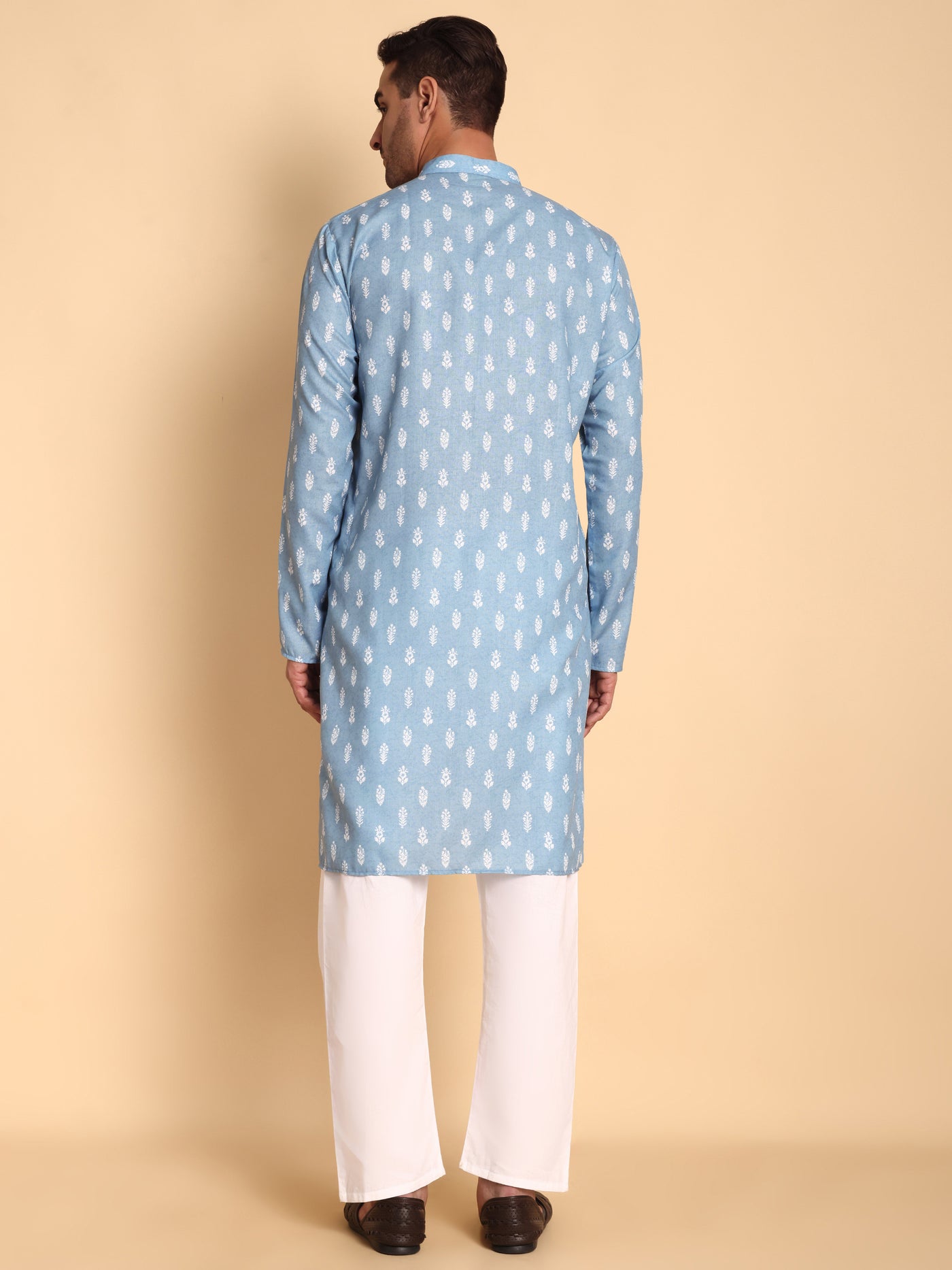 Traditional Blue Botalical Damask Printed Men's Cotton Kurta