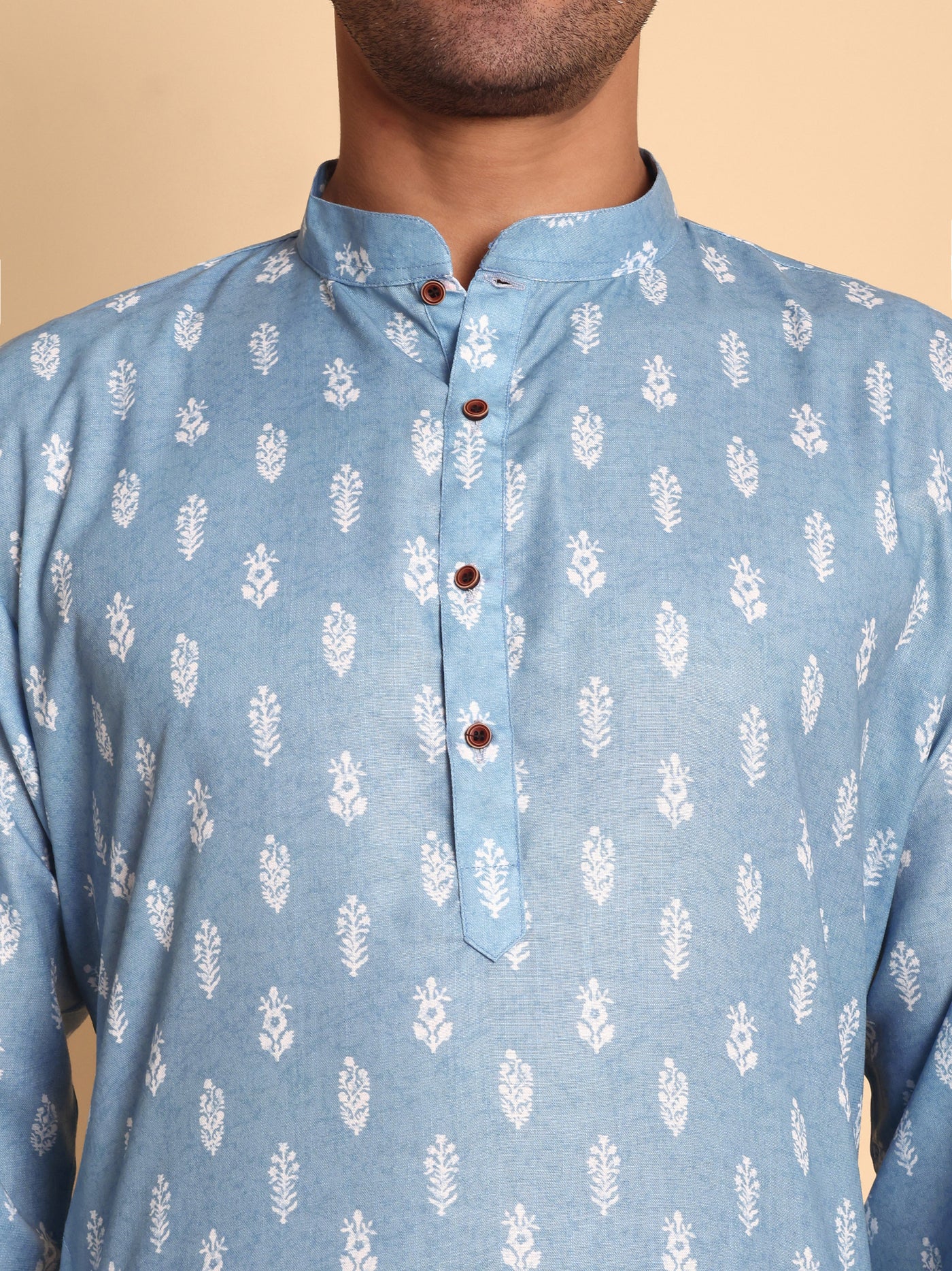 Traditional Blue Botalical Damask Printed Men's Cotton Kurta