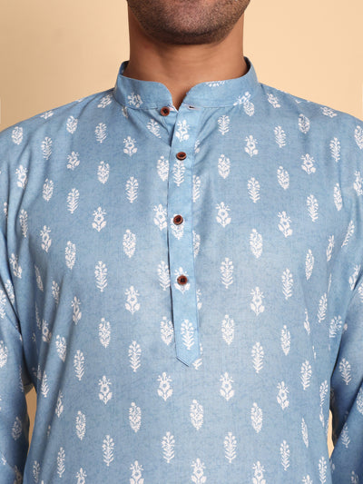 Traditional Blue Botalical Damask Printed Men's Cotton Kurta