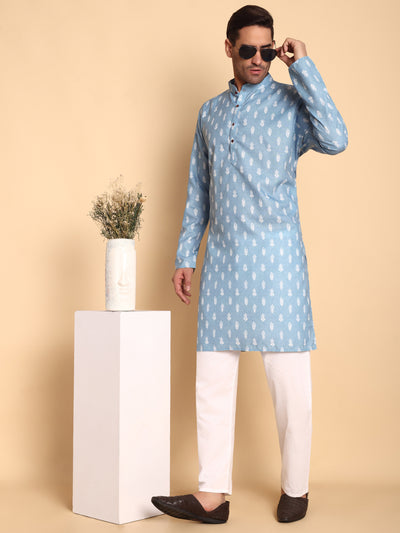 Traditional Blue Botalical Damask Printed Men's Cotton Kurta