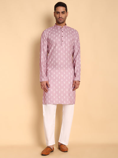 Traditional Pink Botalical Damask Printed Men's Cotton Kurta