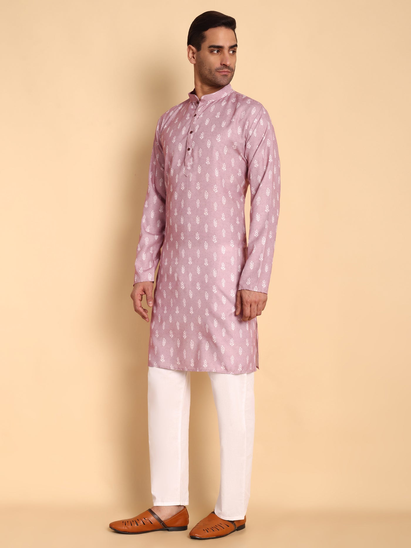 Traditional Pink Botalical Damask Printed Men's Cotton Kurta