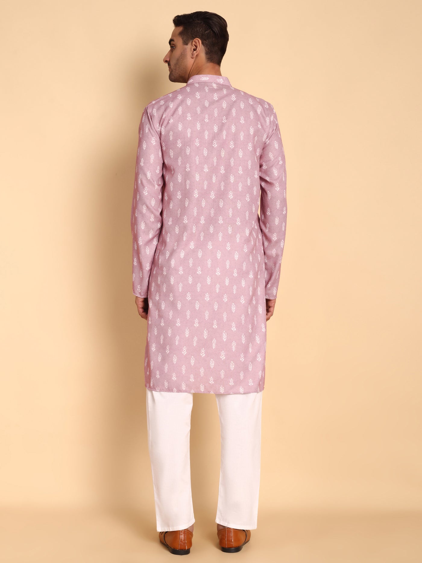 Traditional Pink Botalical Damask Printed Men's Cotton Kurta