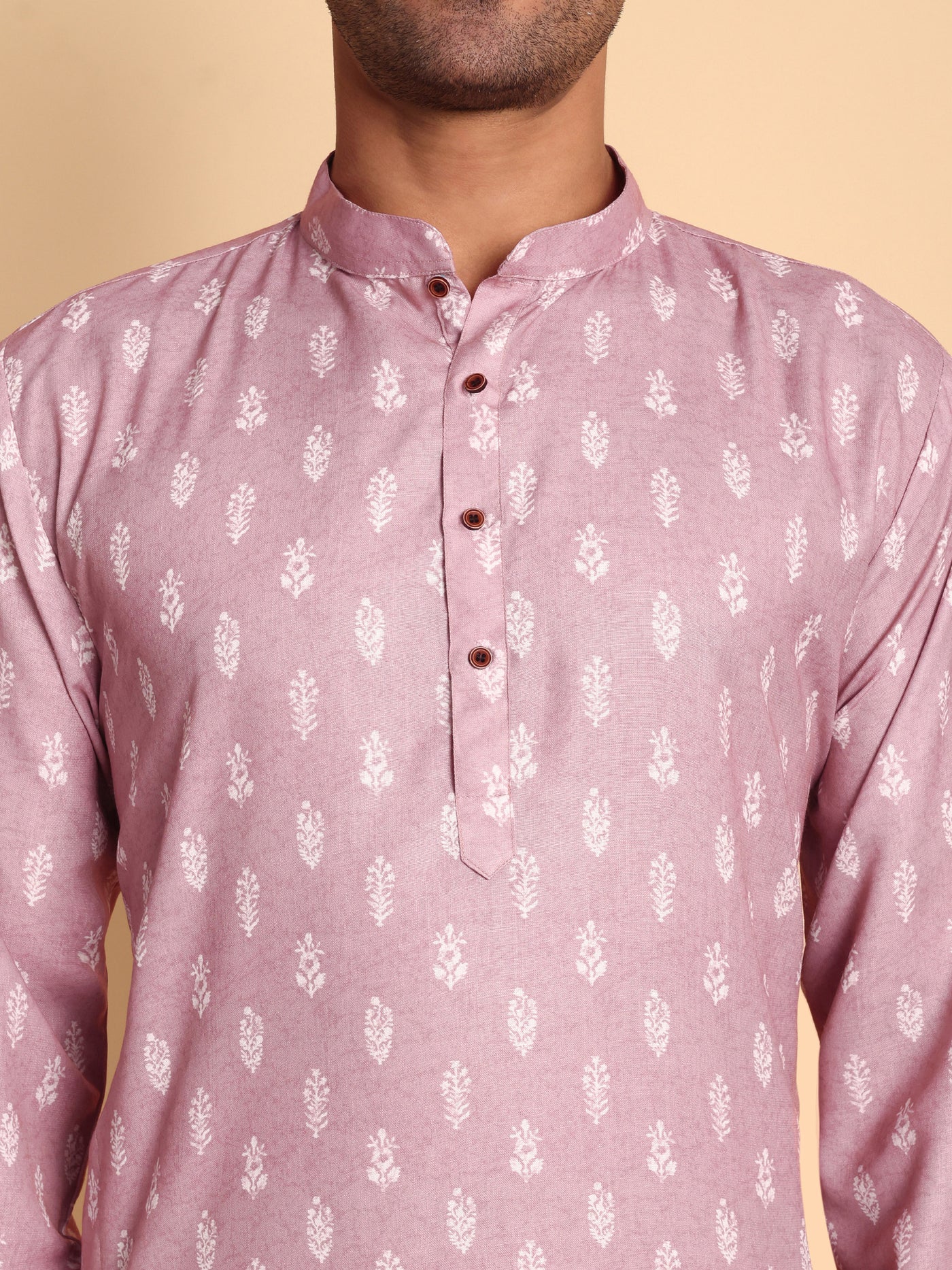 Traditional Pink Botalical Damask Printed Men's Cotton Kurta