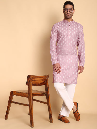 Traditional Pink Botalical Damask Printed Men's Cotton Kurta