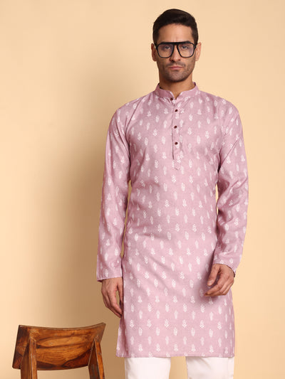 Traditional Pink Botalical Damask Printed Men's Cotton Kurta