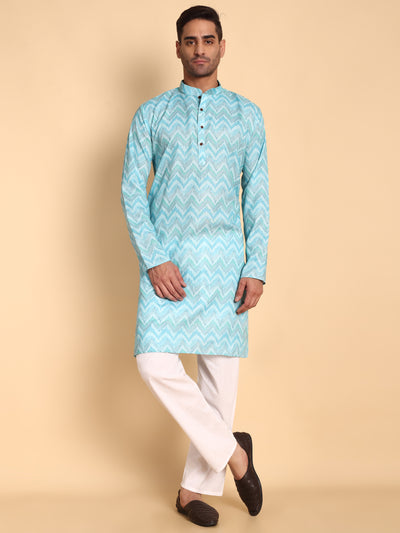 Traditional Blue Flamestitch Cheveron Printed Men's Cotton Kurta