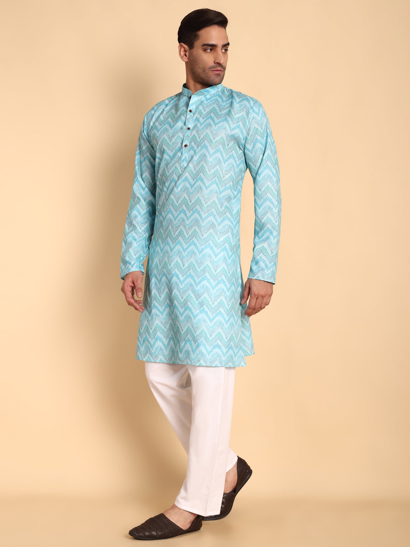 Traditional Blue Flamestitch Cheveron Printed Men's Cotton Kurta