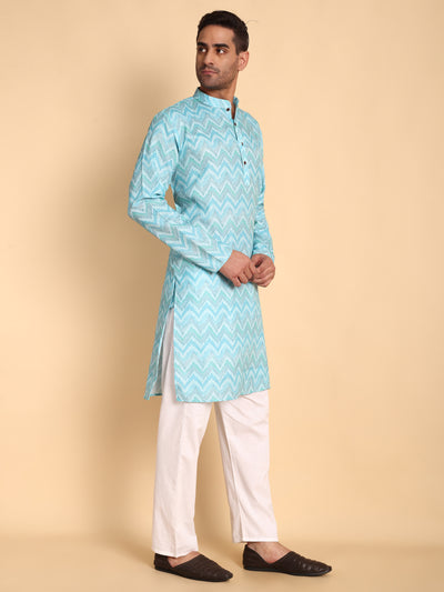 Traditional Blue Flamestitch Cheveron Printed Men's Cotton Kurta