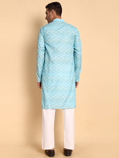 Traditional Blue Flamestitch Cheveron Printed Men's Cotton Kurta