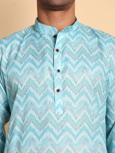 Traditional Blue Flamestitch Cheveron Printed Men's Cotton Kurta