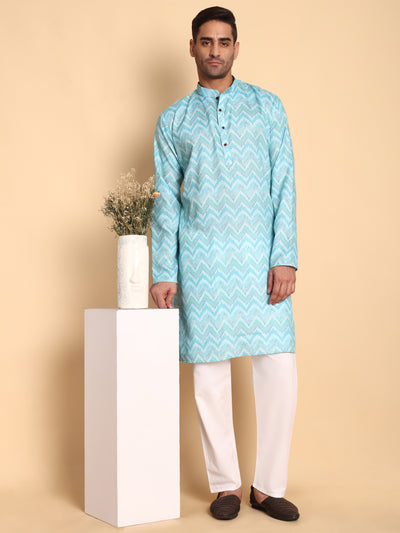 Traditional Blue Flamestitch Cheveron Printed Men's Cotton Kurta