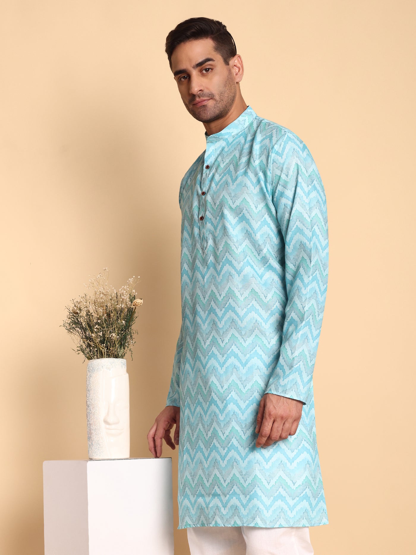 Traditional Blue Flamestitch Cheveron Printed Men's Cotton Kurta